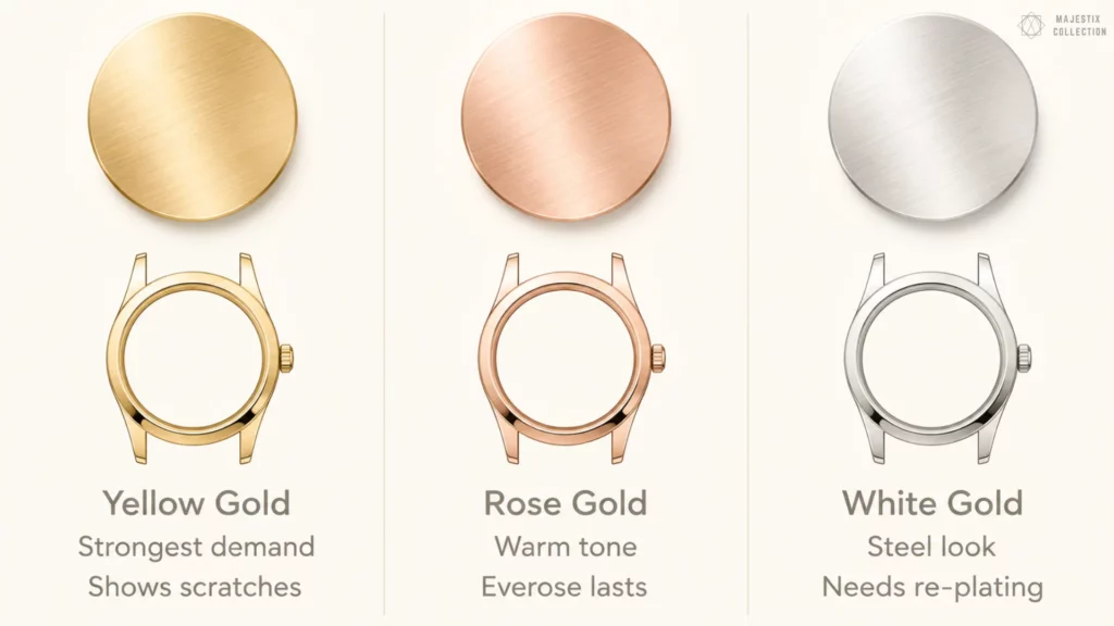 Infographic comparing yellow gold, rose gold, and white gold watch cases with key traits: demand, tone, and durability