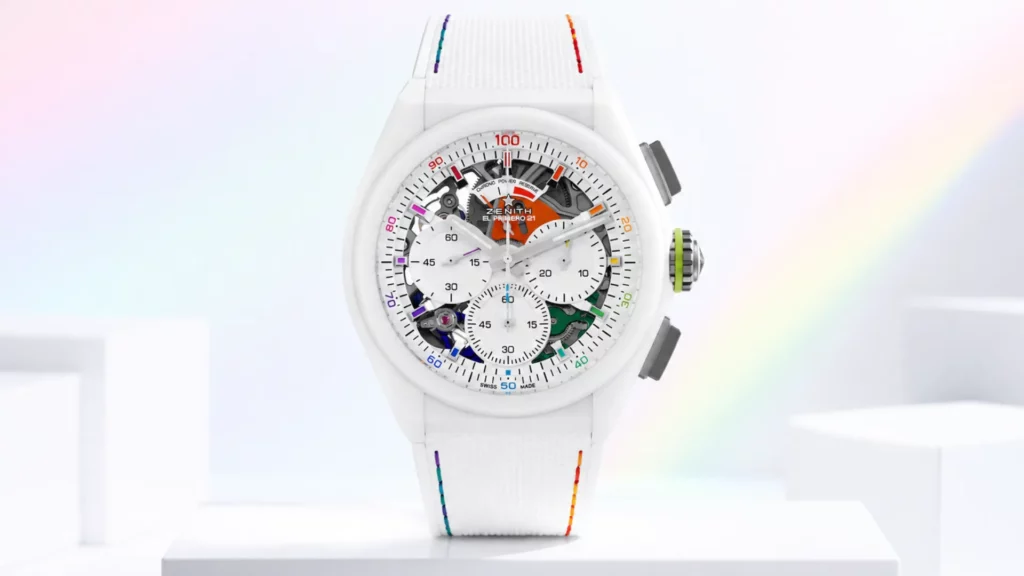 Zenith Defy 21 Chroma white ceramic chronograph with skeletonized dial and rainbow accents on white rubber strap with rainbow stitching