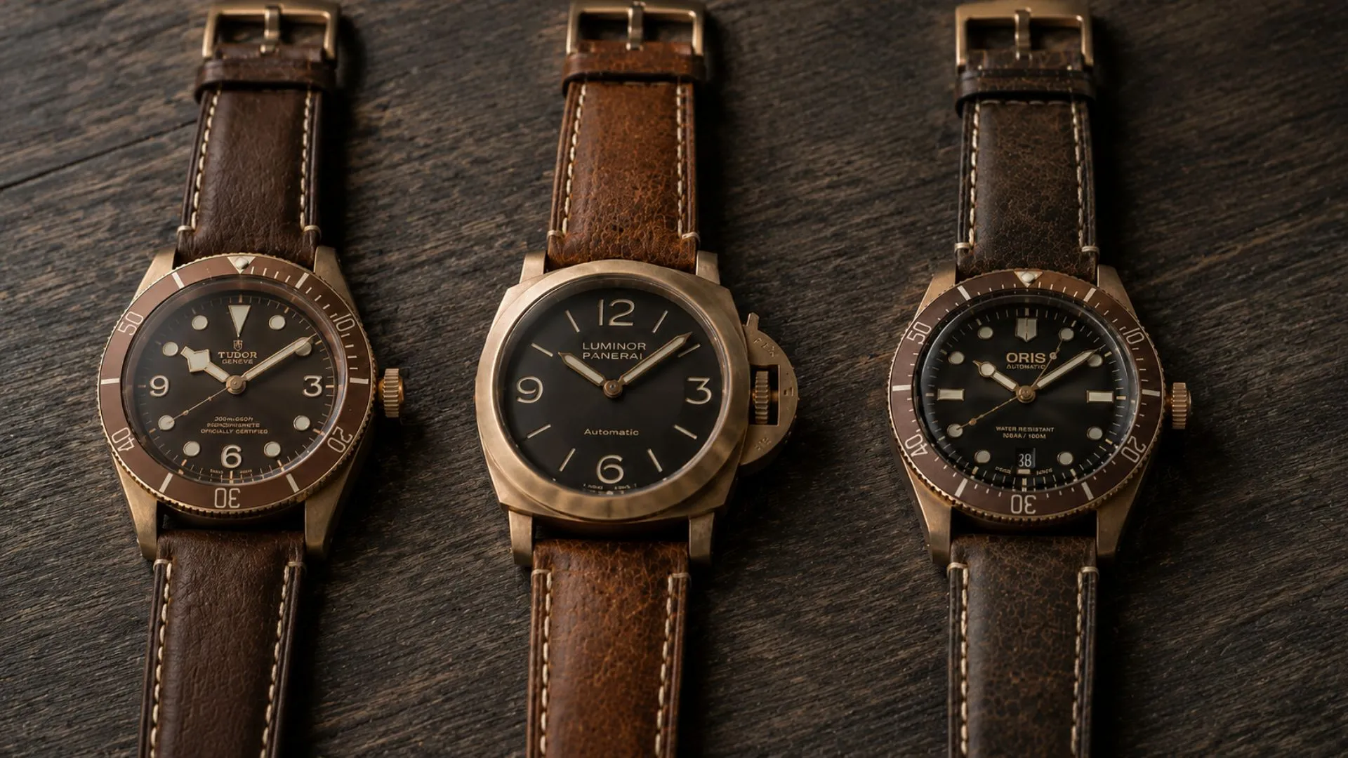best bronze watches 2026 collection showing warm patina cases on dark surface