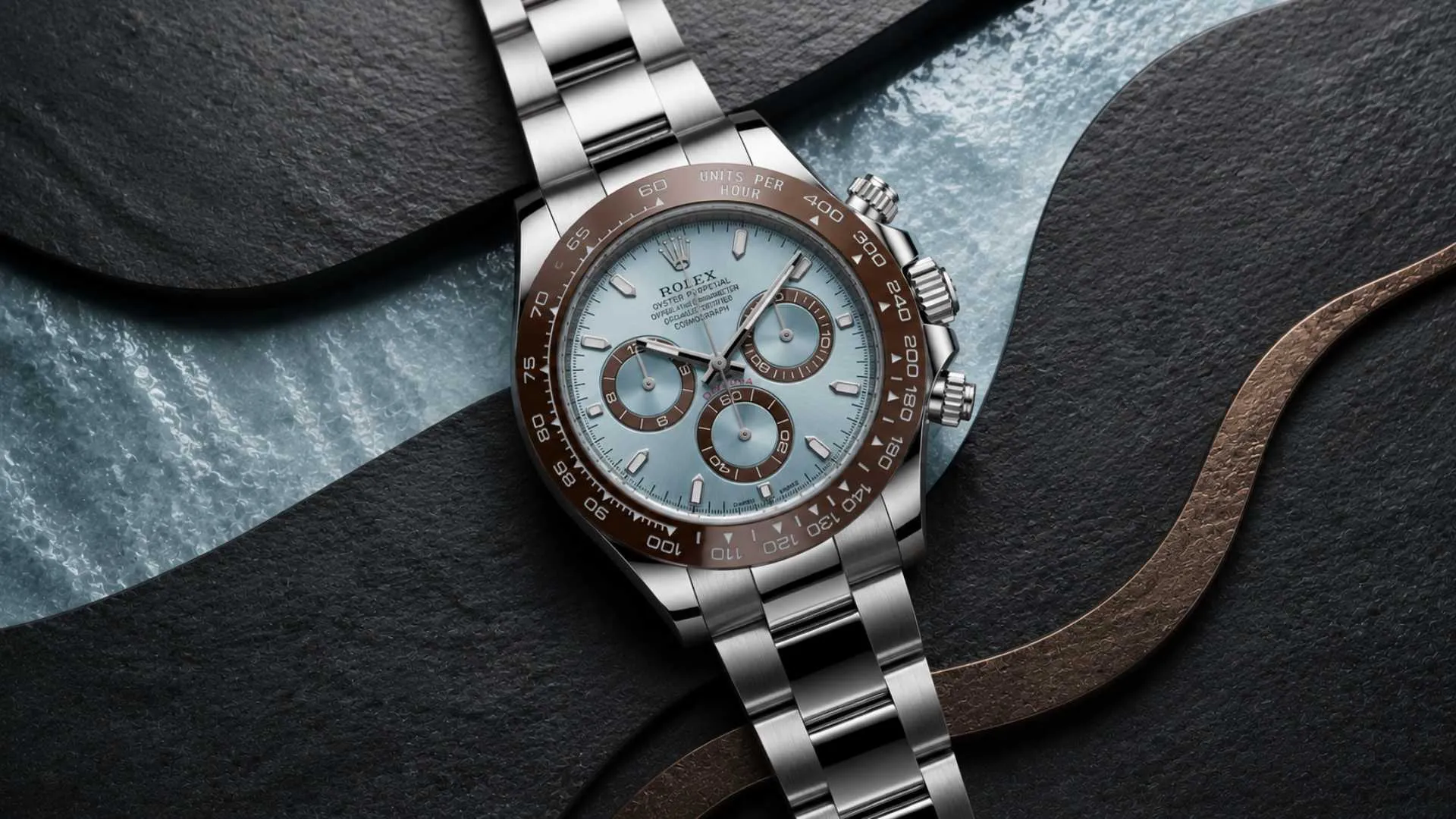 Best ice blue watch — platinum Rolex Daytona 116506 with ice blue dial on dark surface