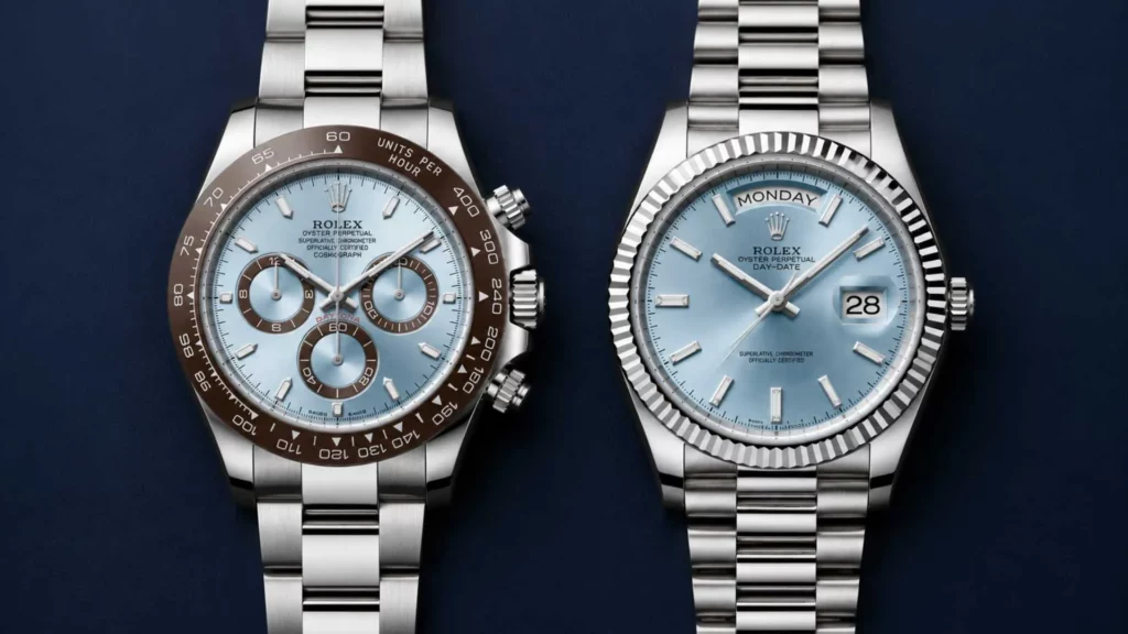 Best ice blue watches 2026 — Rolex Daytona and Day-Date platinum with ice blue dials side by side