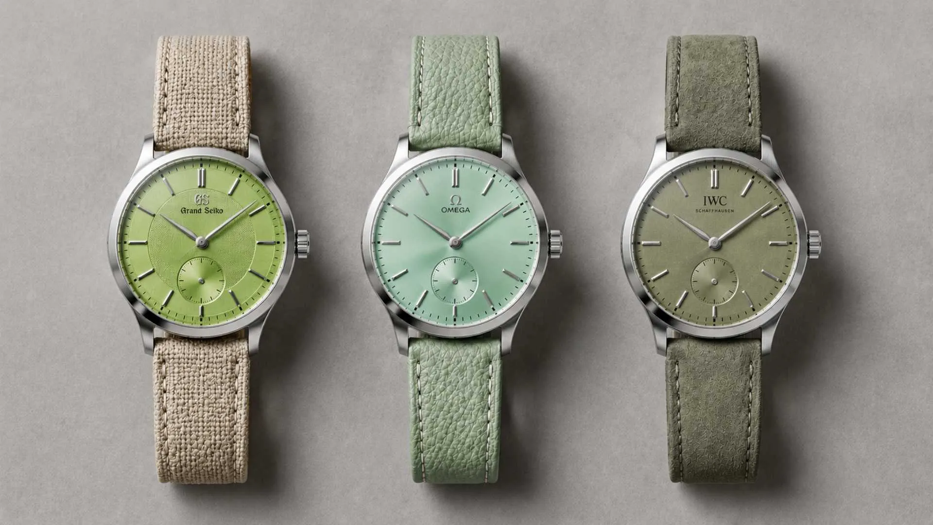 Best light green watches 2026 — Rolex OP Pistachio, Grand Seiko, and H. Moser flat lay comparison