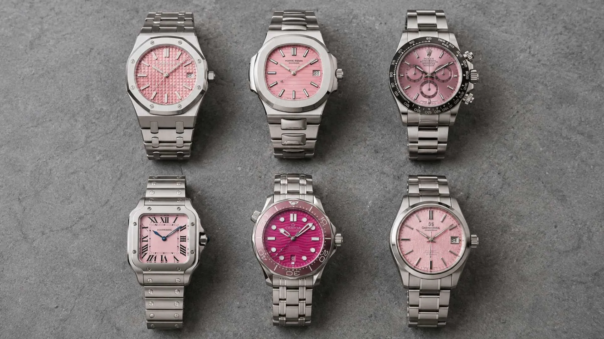 Six best pink watches of 2026 laid out on brushed stone — collector dealer picks