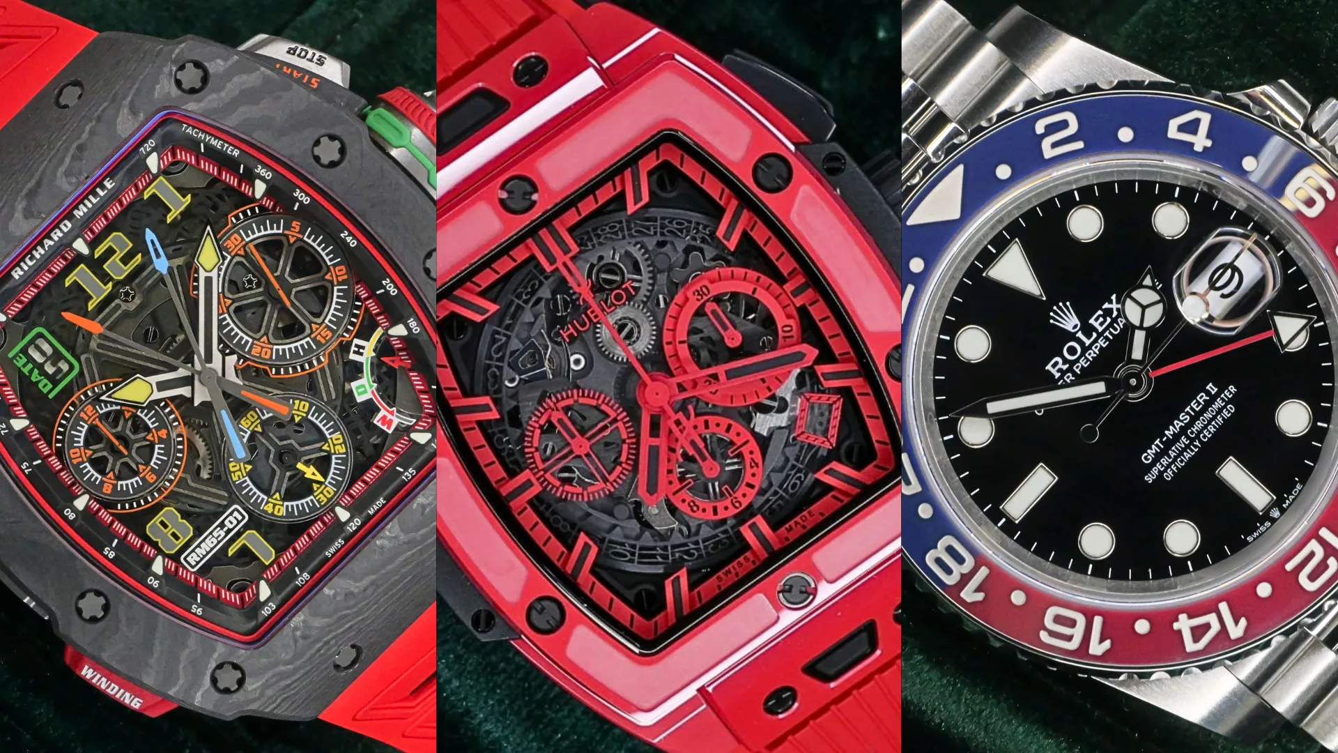 Three red-accent luxury watches shown in close-up, including a Richard Mille chronograph, Hublot Spirit of Big Bang, and Rolex GMT-Master II Pepsi.