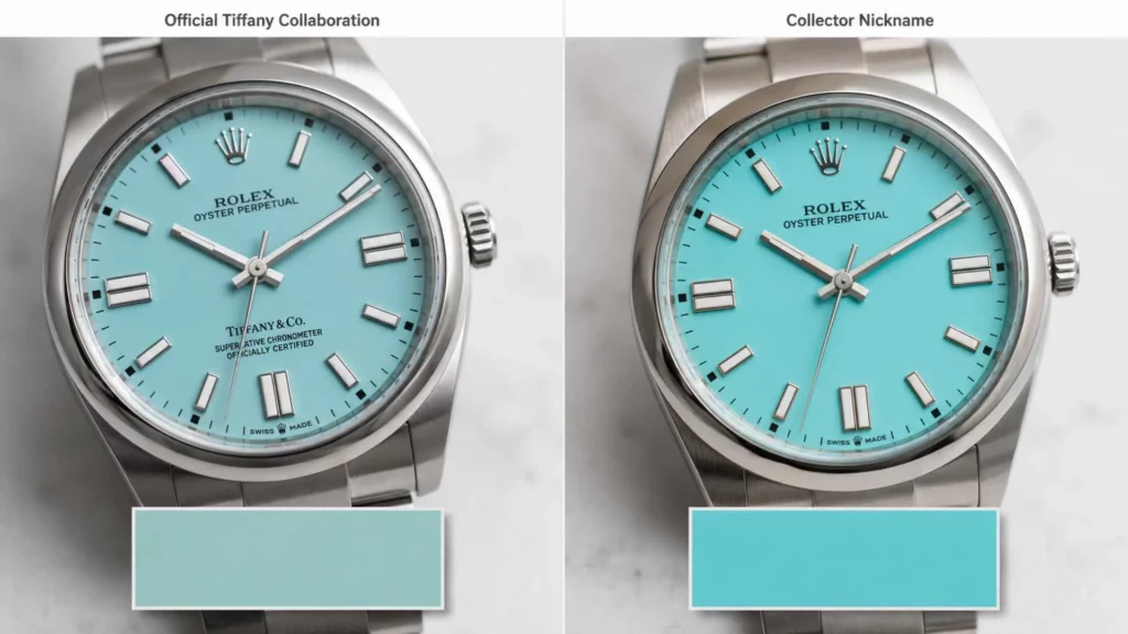 Tiffany blue trademark dial versus turquoise collector nickname dial — side by side comparison 