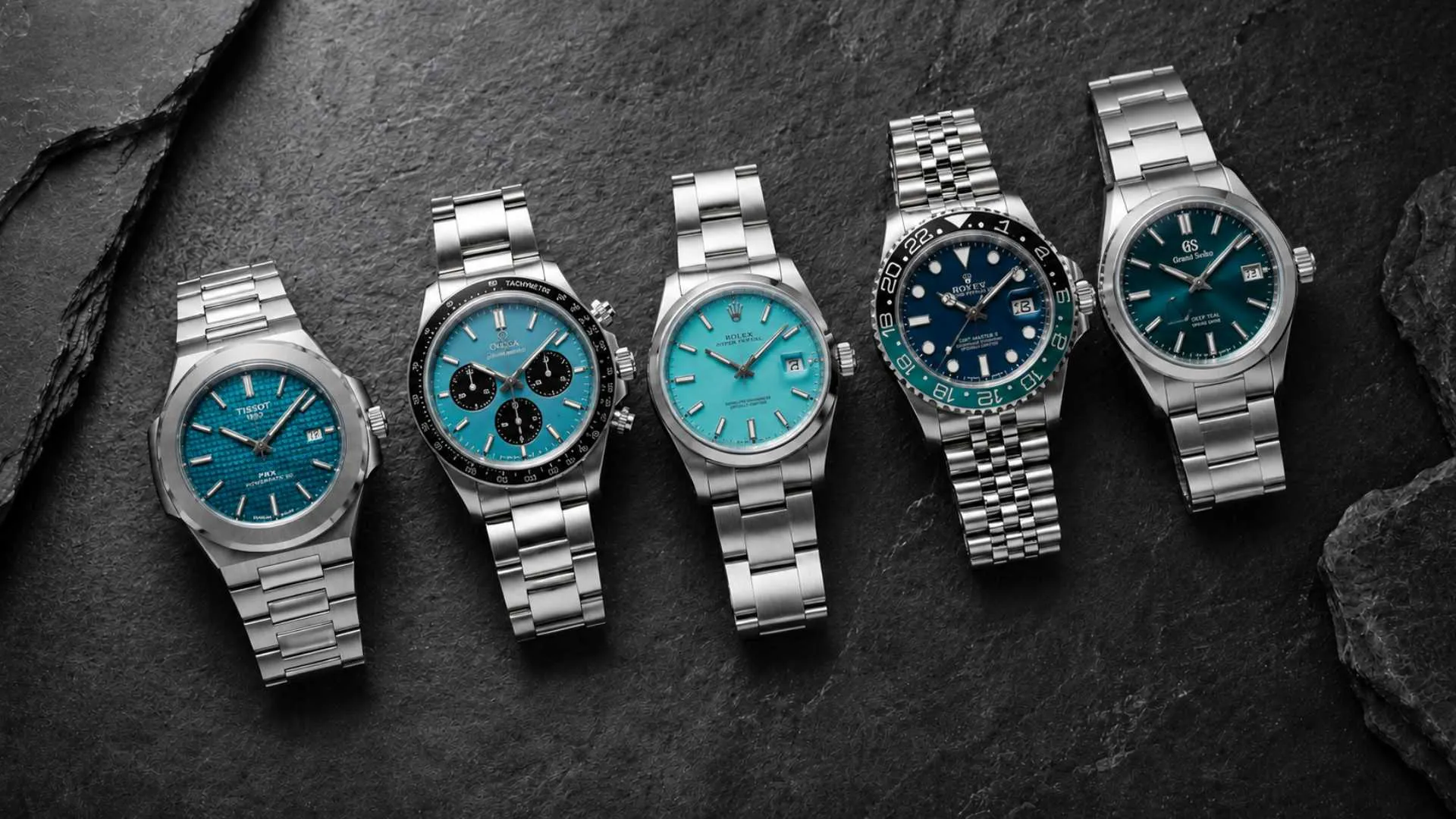 Best turquoise dial watches 2026 collection — Rolex, Omega, and Tudor on display