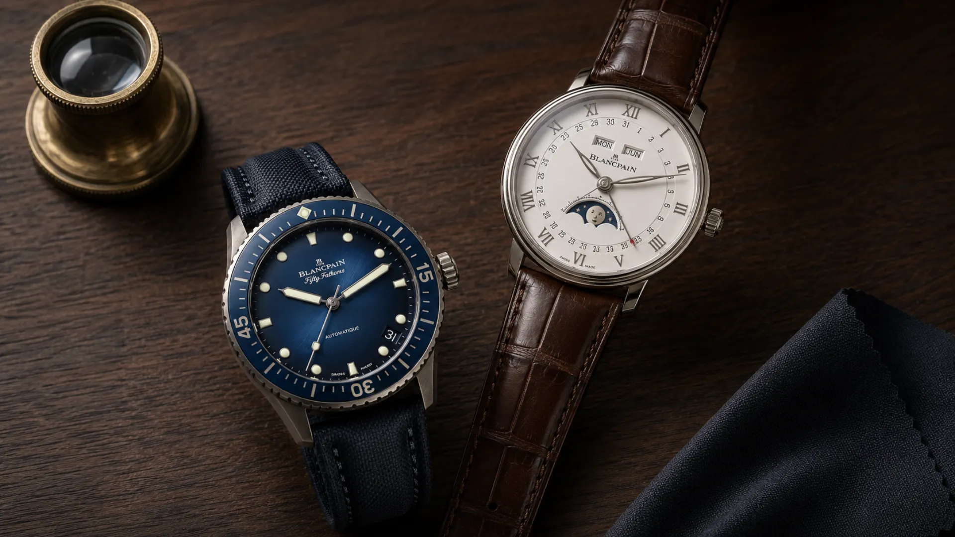 Blancpain buying guide hero showing Fifty Fathoms diver and Villeret dress watch side by side
