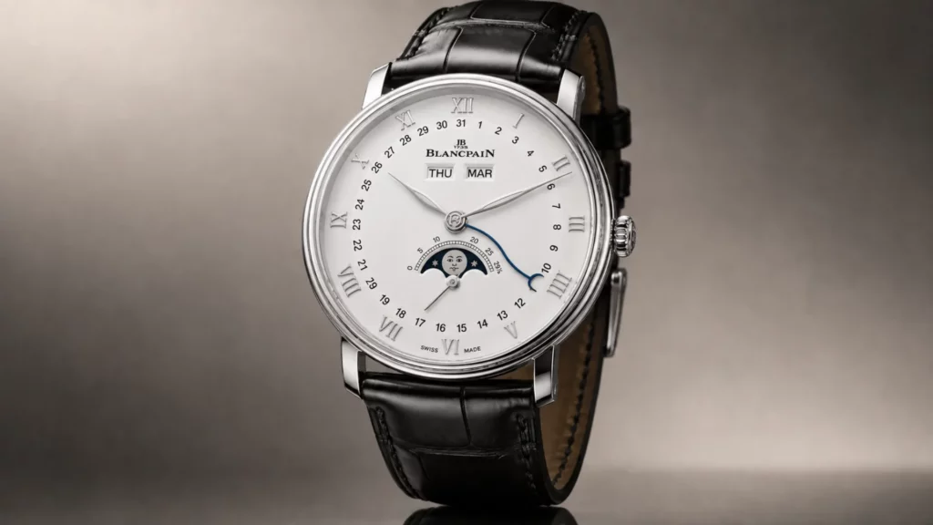 Blancpain Villeret Quantième Complet 6263-1127A-55B with white opaline dial, Roman numerals, moon phase and complete calendar in a 37.6mm steel case on a black alligator strap