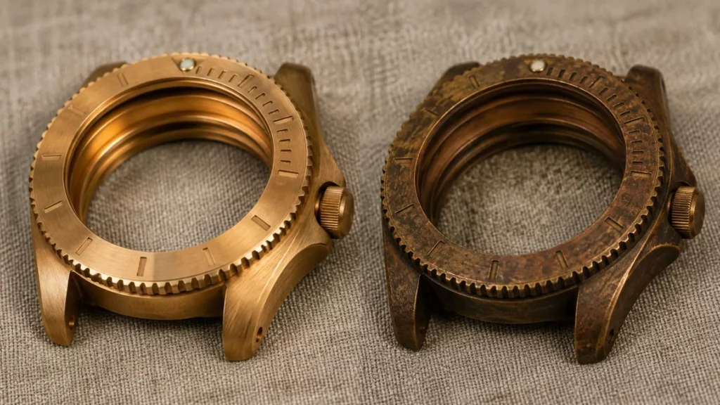 Bronze watch case showing fresh gold tone on left and aged warm brown patina on right — how bronze watches develop tan color