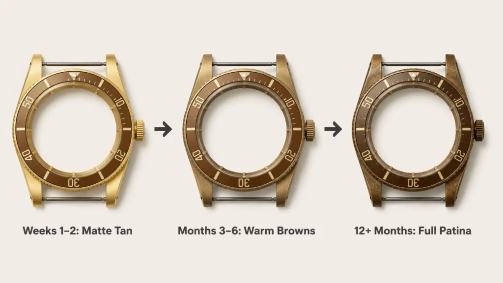bronze watch patina timeline showing aging stages from new to fully patinated over 12 months