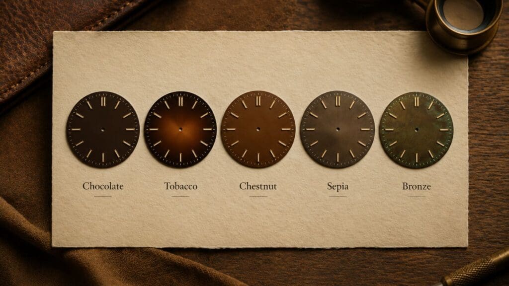 brown watch dial shades comparison — chocolate, tobacco, chestnut, sepia, and bronze patina side by side