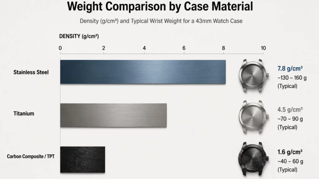 Carbon fiber watch weight vs stainless steel and titanium — density comparison chart for watch buyers