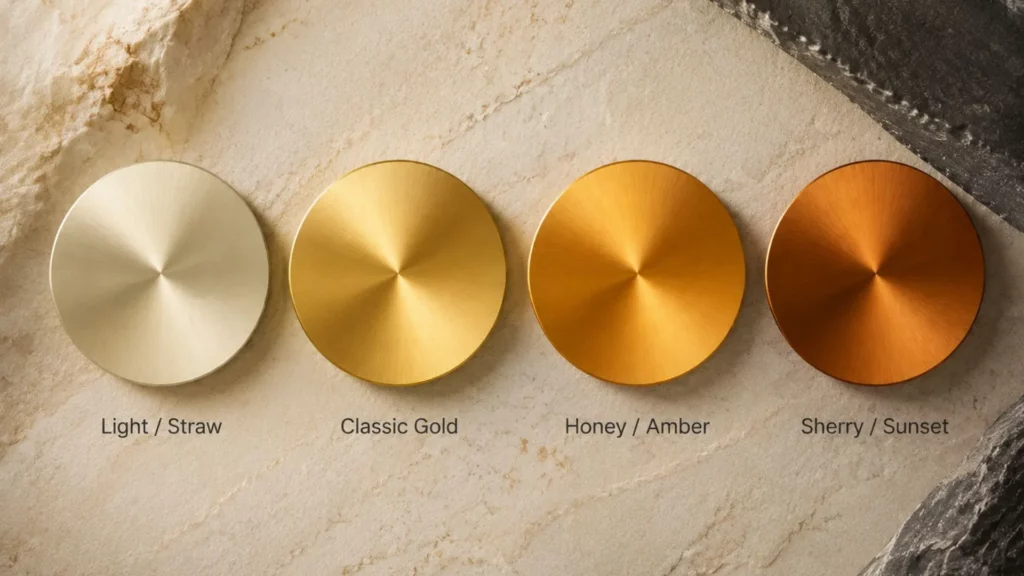 Champagne dial shade comparison chart showing straw, classic gold, honey amber, and sherry tones