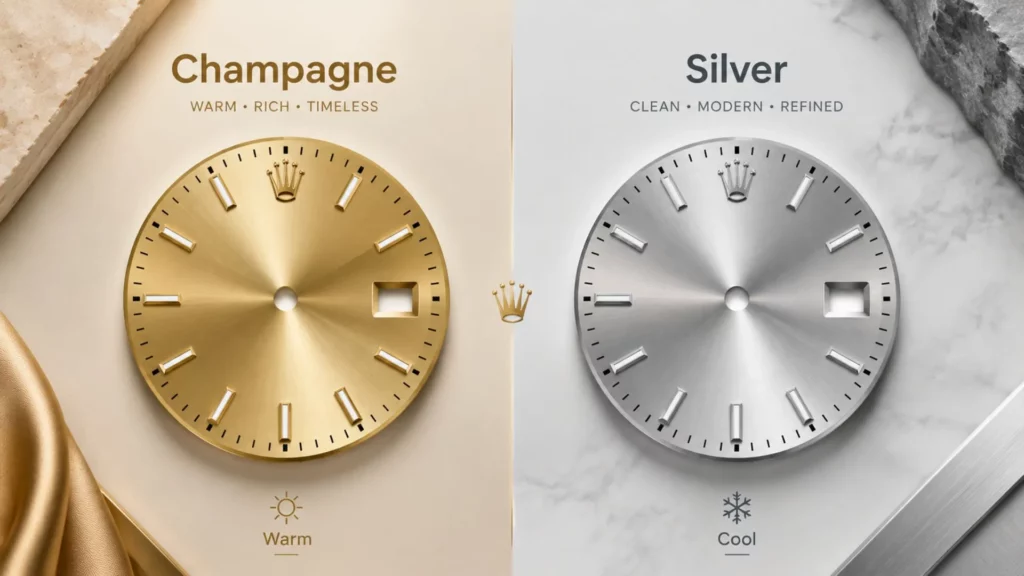 Side-by-side comparison of champagne dial and silver dial luxury dress watches under warm lighting