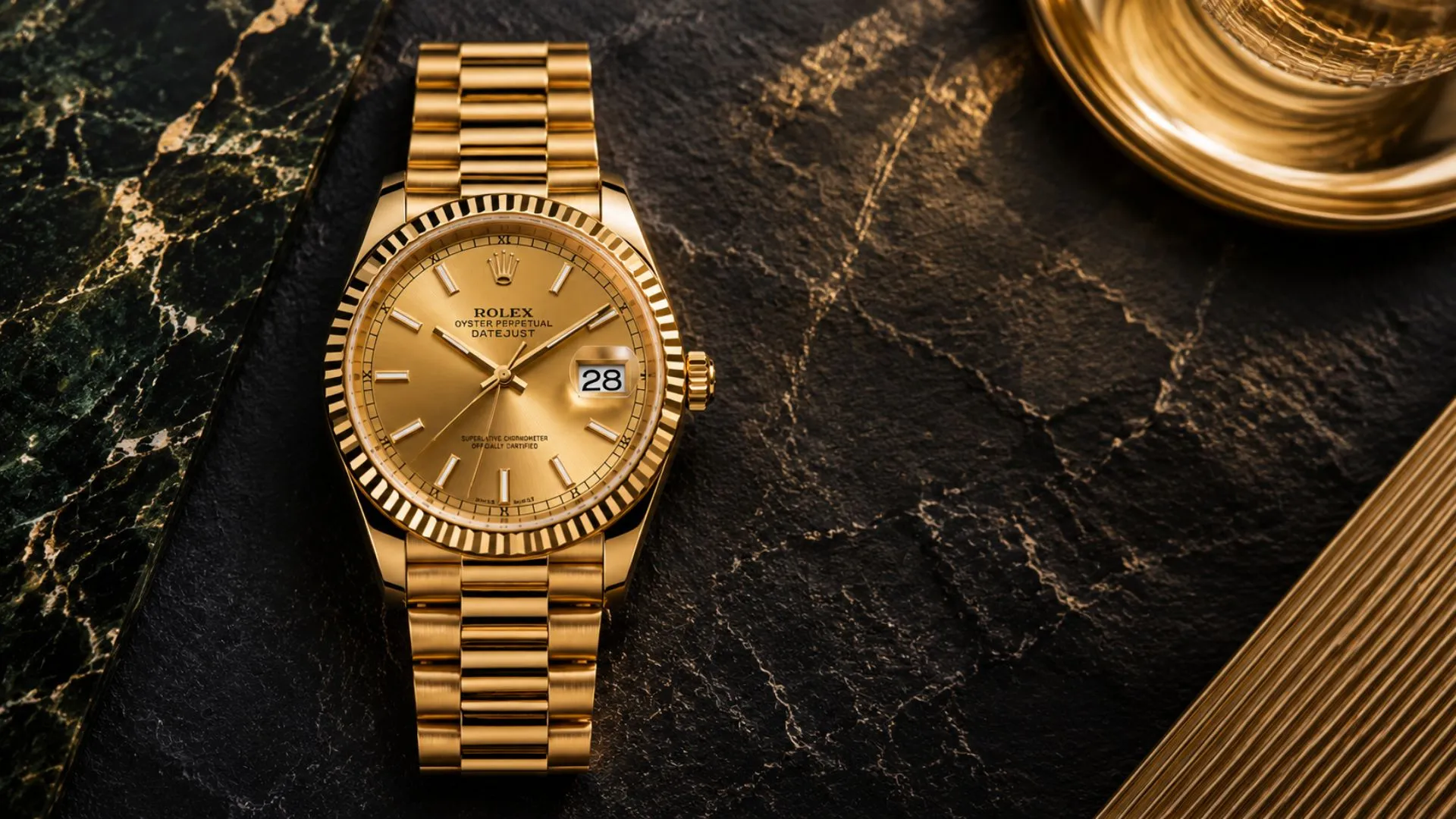 Luxury champagne dial watch with warm golden sunray finish on dark slate surface
