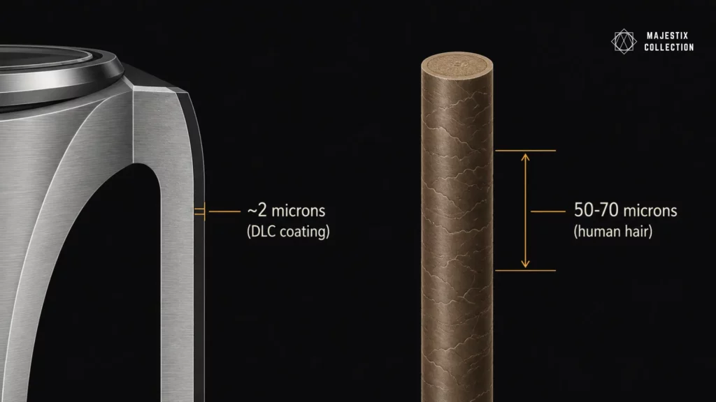Diagram comparing 2-micron DLC watch coating thickness to a 50-70 micron human hair