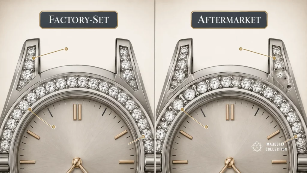 Factory-set versus aftermarket diamond watch comparison showing level stones and clean prongs against off-angle stones