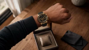 First time wearing a new gold chronograph watch on a black rubber strap beside an open watch box.