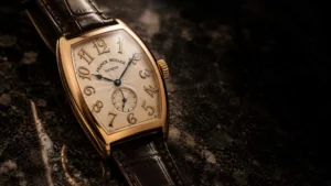 Franck Muller Cintrée Curvex luxury watch close-up showing tonneau case and Art Deco numerals