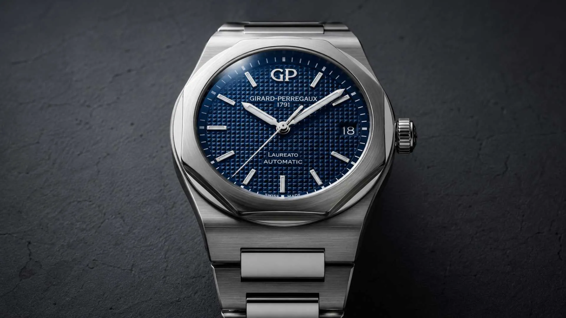 Girard-Perregaux Laureato 42mm stainless steel watch with blue Clous de Paris dial