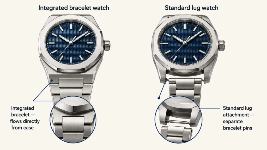Diagram comparing integrated bracelet vs standard lug watch case attachment on a luxury sports watch
