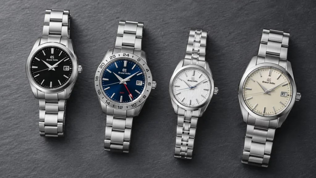  Grand Seiko 9F quartz watches displayed together on stone surface