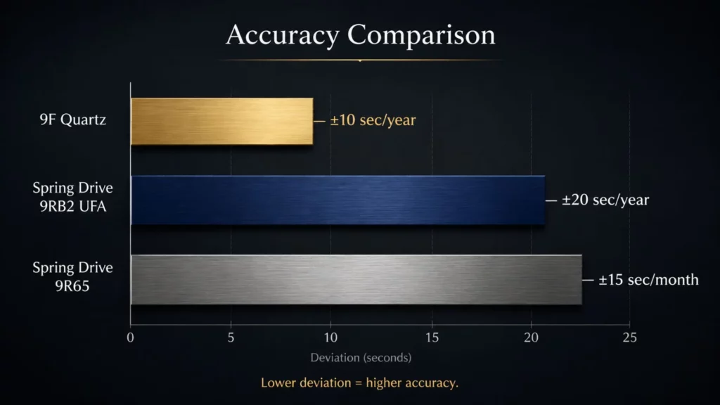 Accuracy comparison chart for Grand Seiko 9F quartz vs Spring Drive 9R65 and 9RB2 UFA calibers