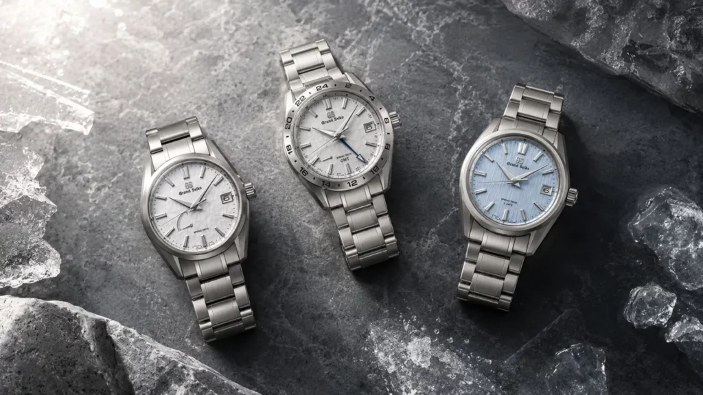 Grand Seiko Spring Drive watches SBGA211 Snowflake SBGE285 GMT and SLGB003 Ice Forest side by side