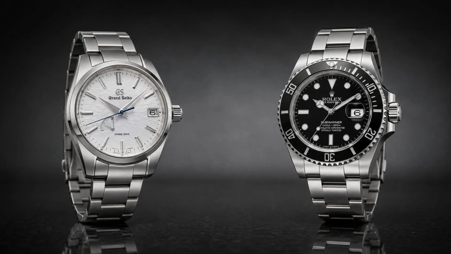 Grand Seiko Snowflake and Rolex Submariner side by side comparing two luxury watch brands)