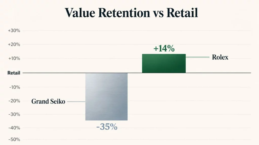 Bar chart comparing Grand Seiko vs Rolex value retention, showing Rolex above retail and Grand Seiko below