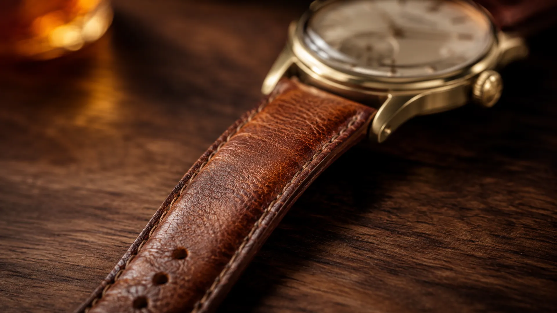 Close-up of a patinated leather watch strap on a luxury watch, showing well-cared-for leather grain