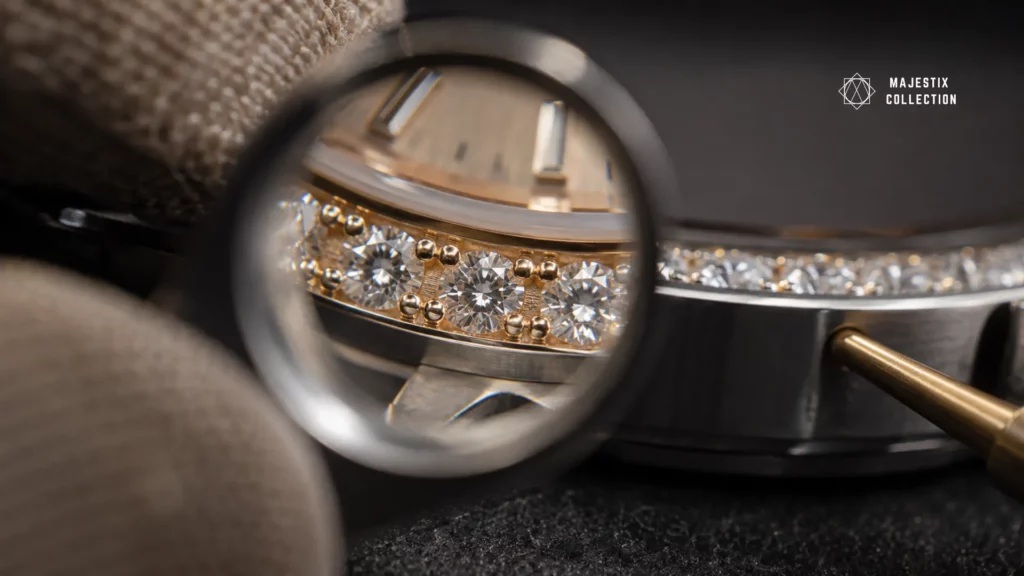 Close-up inspection of a factory-set diamond watch bezel through a jeweler's loupe checking stone alignment