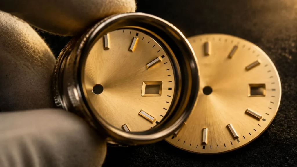 Close-up loupe inspection of a champagne watch dial checking for redial printing quality