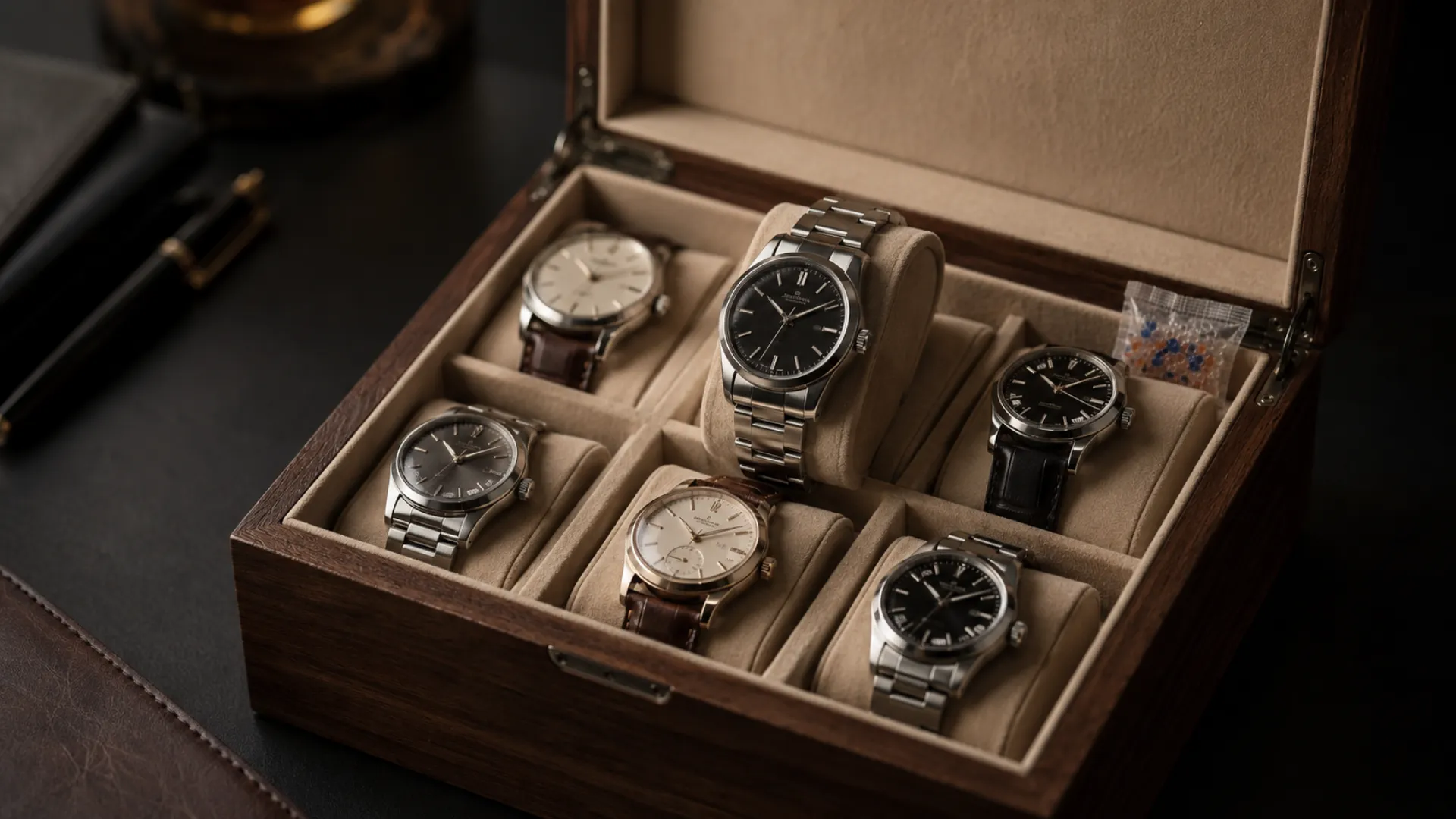 Luxury watch collection stored in a cushioned watch box, showing how to store a watch safely
