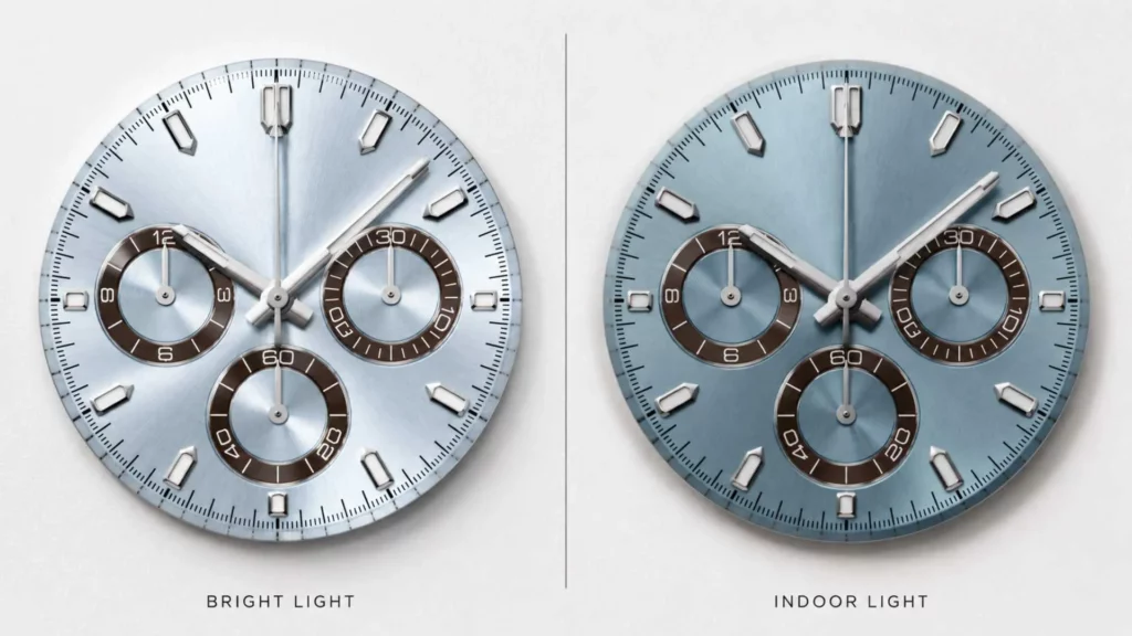 Ice blue watch dial color shift — pale silver-white in bright light versus cool frosty blue indoors