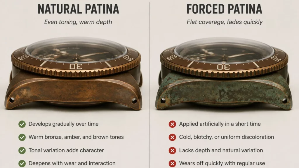 natural bronze watch patina vs forced patina side-by-side comparison showing difference in aging quality