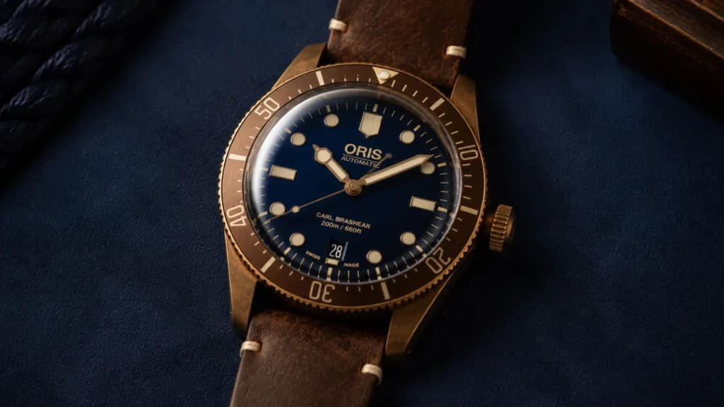  Oris Carl Brashear Divers Sixty-Five bronze watch with night blue dial and patinated case