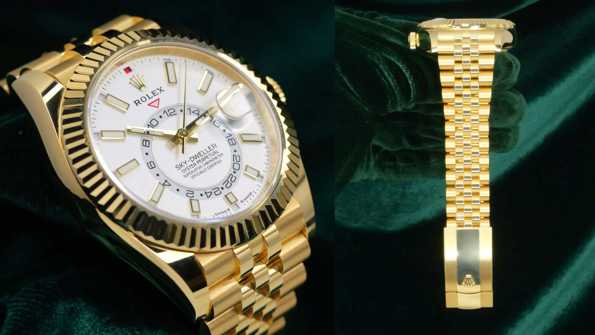 Gold Rolex Sky-Dweller on a Jubilee bracelet showing the dial, fluted bezel, and bracelet condition on green velvet.