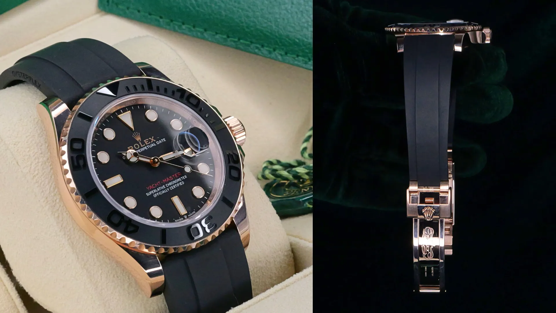 Rolex Yacht-Master on black Oysterflex bracelet shown beside the clasp to highlight rubber strap fit and condition.