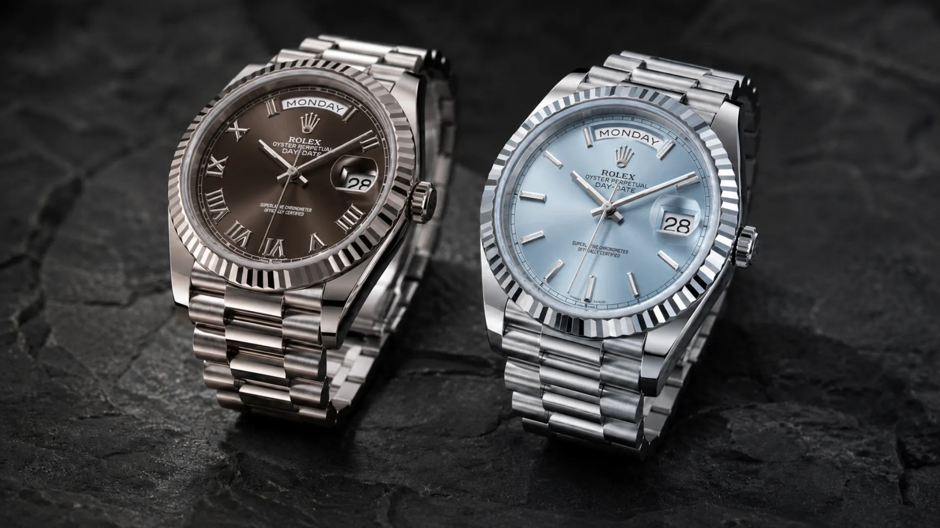 Rolex white gold vs platinum Day-Date side by side showing dial and case differences