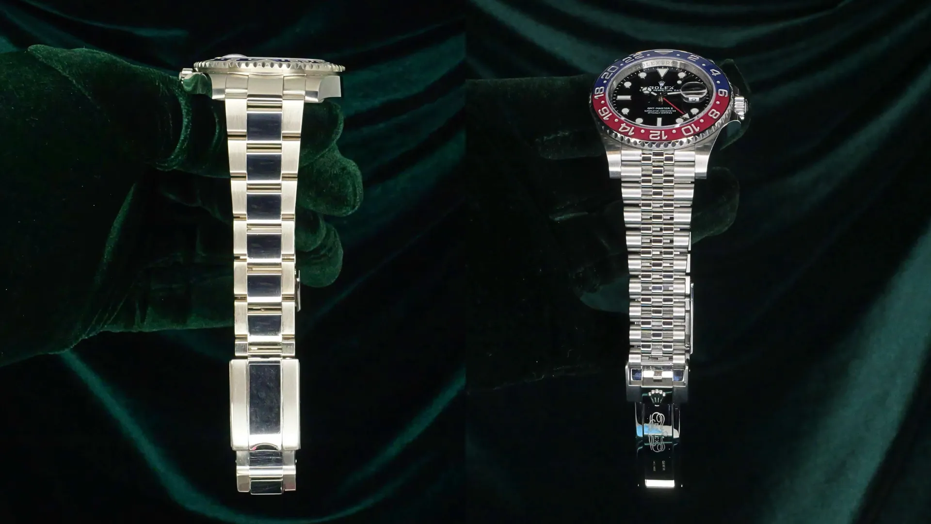 White gold and stainless steel Rolex GMT-Master II watches shown side by side, comparing blue Pepsi bezel precious metal and steel sport watch finishes.