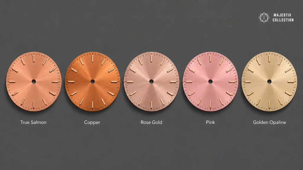 Comparison chart showing true salmon dial versus copper, rose gold, pink, and golden opaline watch dials