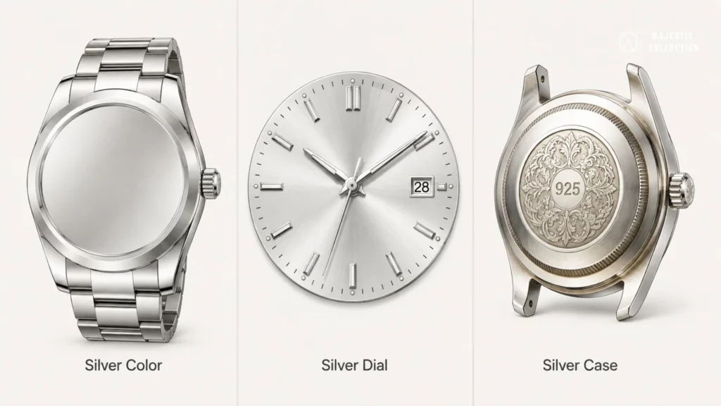 Diagram comparing silver color, silver dial, and silver case on luxury watches