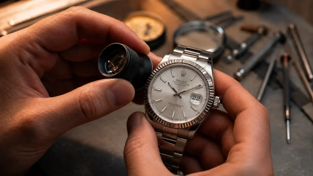 Dealer inspecting a silver dial watch with a loupe before listing it for sale