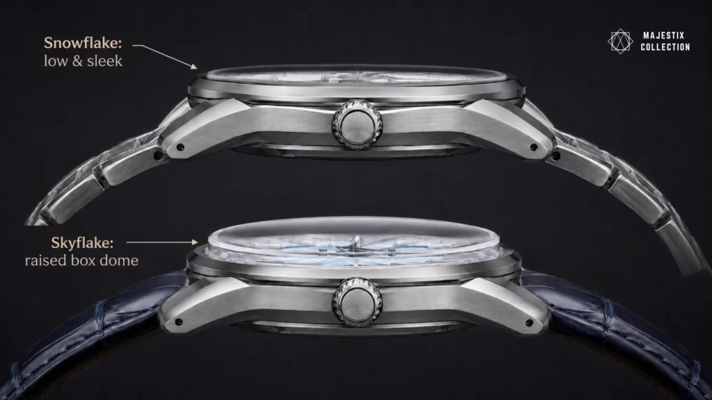 Side profile comparing Skyflake domed box crystal to Snowflake flat sapphire crystal
