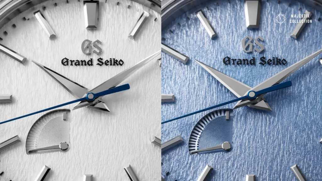 Macro of Grand Seiko Snowflake white and Skyflake blue textured dials side by side