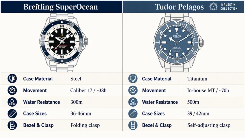 Breitling Superocean vs Tudor Pelagos spec comparison: steel vs titanium, movement, depth