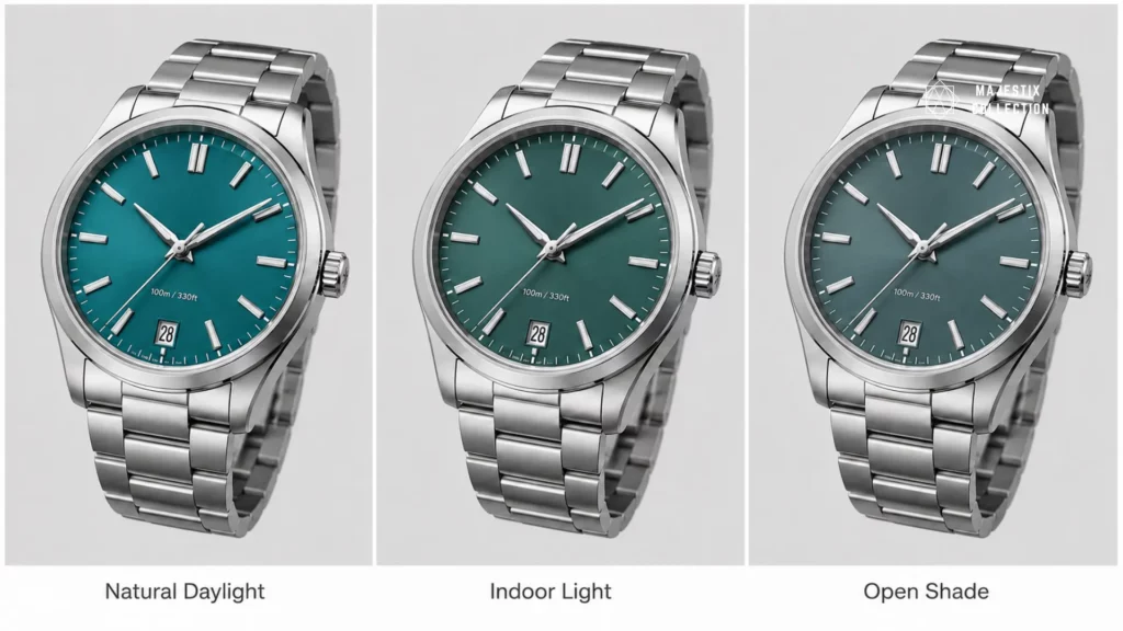 Same teal watch dial shown in daylight, indoor, and shade showing how teal color shifts
