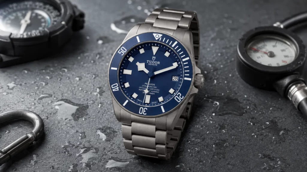 Tudor Pelagos 42 titanium dive watch with blue dial, snowflake hands, and lumed bezel