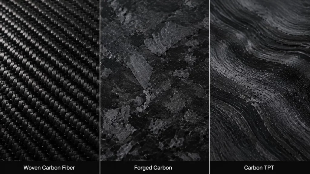 : Side-by-side comparison of woven carbon fiber, forged carbon, and Carbon TPT watch case textures